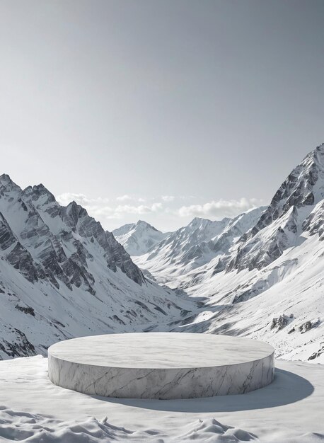 una montagna coperta di neve con una struttura circolare al centro