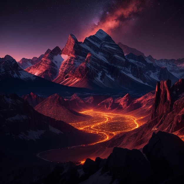 Una montagna di notte con un cielo viola e una montagna in fondo.