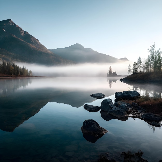 Una montagna è in lontananza e l'acqua è nebbiosa.