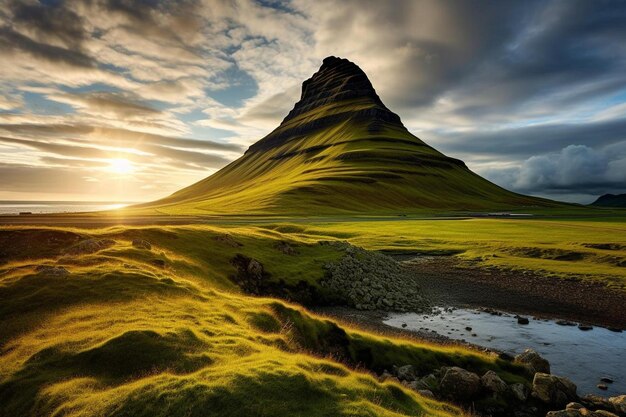 una montagna è sullo sfondo con un campo verde e un lago in primo piano