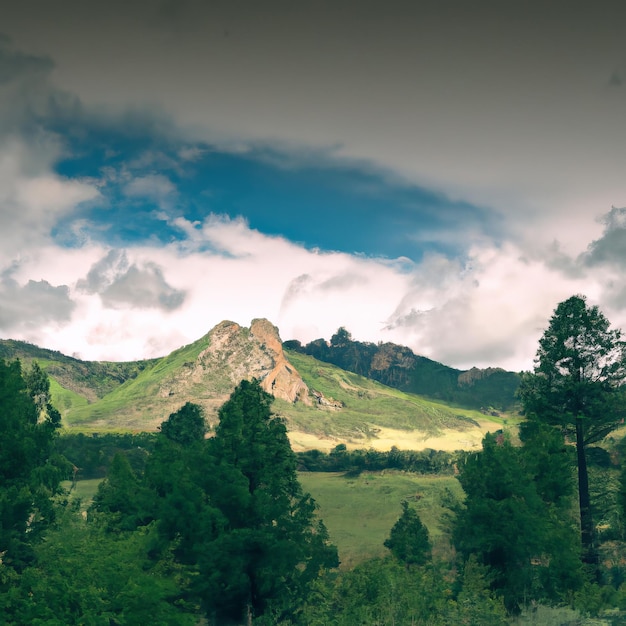 Una montagna è sullo sfondo con un cielo nuvoloso.