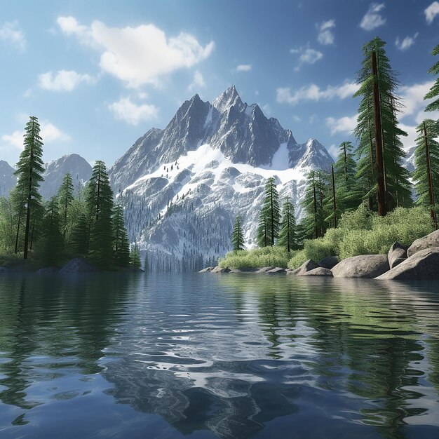 Una montagna è sullo sfondo di un lago con una montagna sullo sfondo.