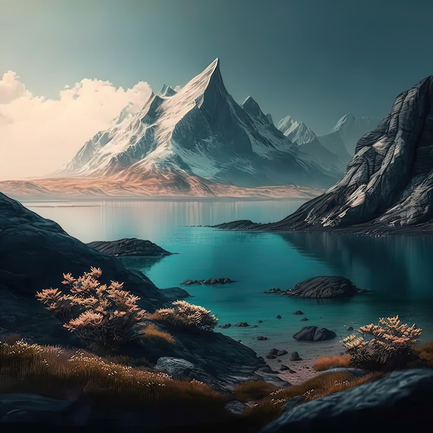 Una montagna e un lago con un lago blu e una montagna sullo sfondo