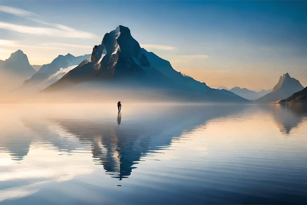 Una montagna in lontananza con un uomo in piedi nell'acqua.
