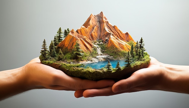 Una montagna in miniatura abbracciata leggermente con entrambe le mani completa di dettagli alti ruscelli e albero