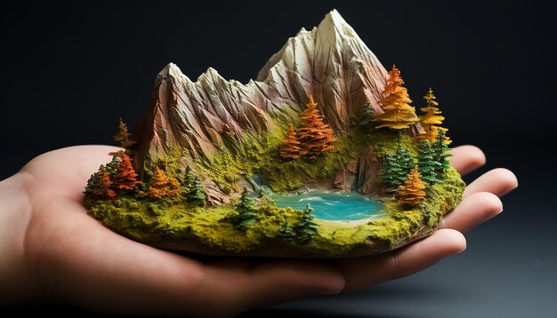 Una montagna in miniatura abbracciata leggermente con entrambe le mani completa di dettagli alti ruscelli e albero