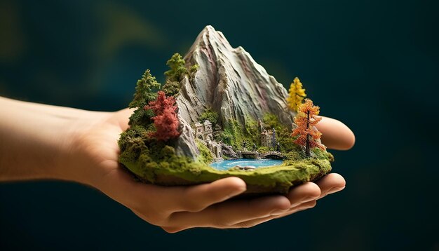Una montagna in miniatura abbracciata leggermente con entrambe le mani completa di dettagli alti ruscelli e albero