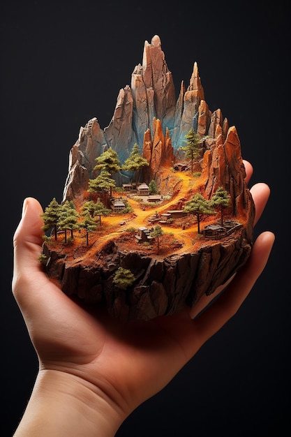 Una montagna in miniatura abbracciata leggermente con entrambe le mani