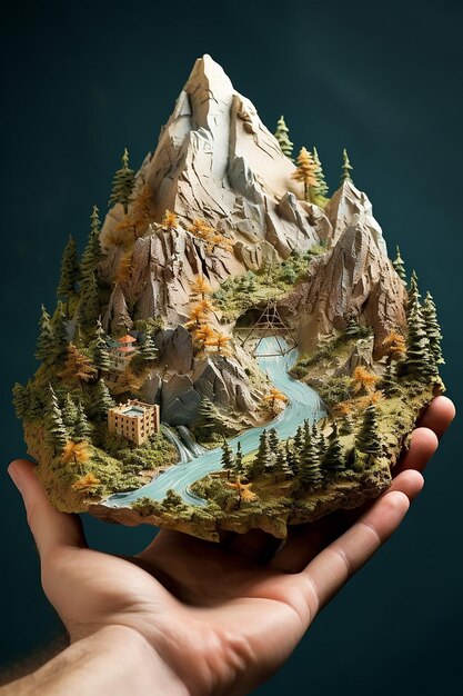Una montagna in miniatura abbracciata leggermente con entrambe le mani