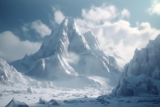 Una montagna innevata con un cielo blu e nuvole