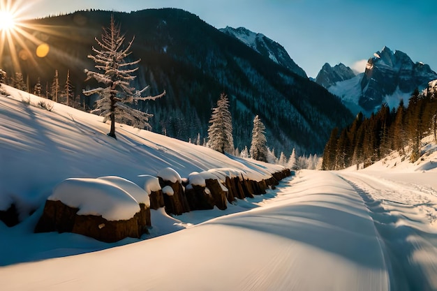 una montagna innevata con una fila di alberi sullo sfondo