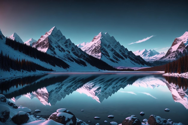 Una montagna innevata si riflette in un lago con un cielo azzurro e il sole che splende sulle montagne.