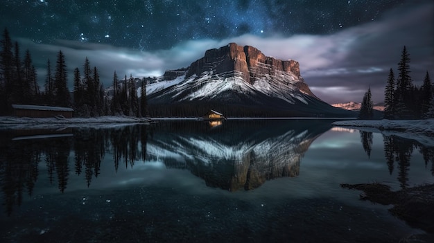 Una montagna nel cielo con sopra un cielo stellato