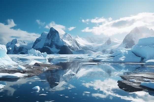 Una montagna nell'acqua con un cielo blu e nuvole