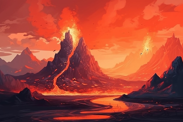 Una montagna rossa con un fiume e un vulcano sullo sfondo