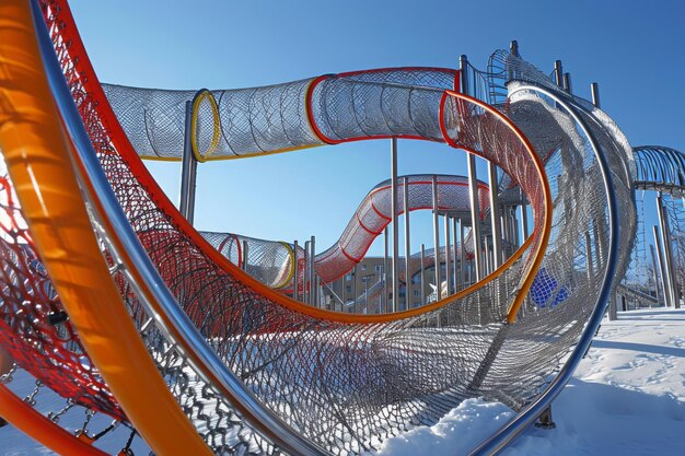 Una montagna russa si erge alta nel campo coperto di neve creando una scena sorprendente e contrastante Un parco giochi giocoso intrecciato con una montagna russa a lacci AI generata
