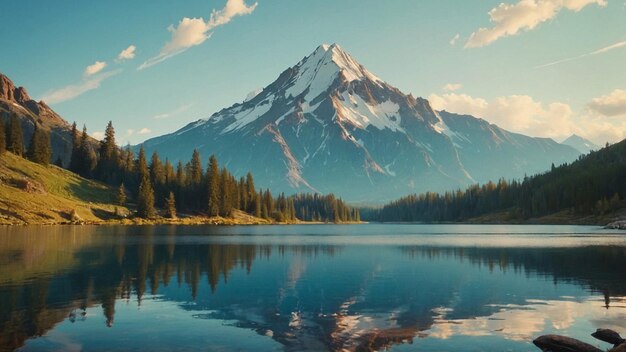 una montagna si riflette in un lago con alberi e montagne sullo sfondo