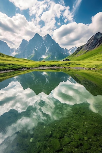 una montagna si riflette in un lago nello stile svizzero