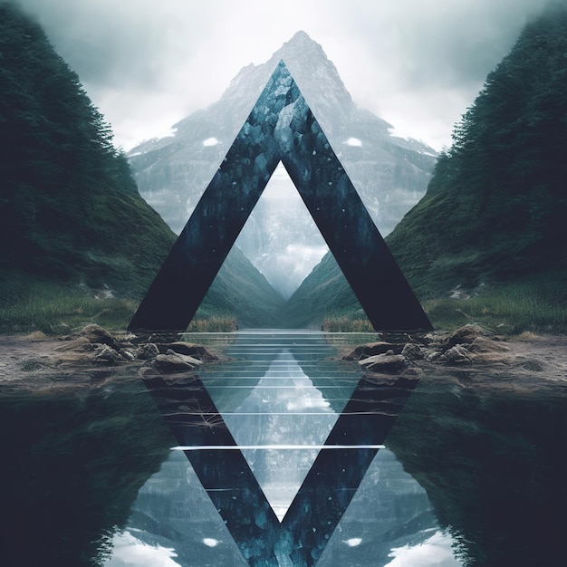 Una montagna si riflette nell'acqua con l'oggetto triangolare astratto