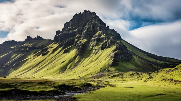 Una montagna verde con un campo di erba verde e una montagna verde sullo sfondo.