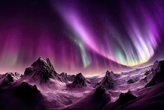 Una montagna viola con sopra l'aurora boreale