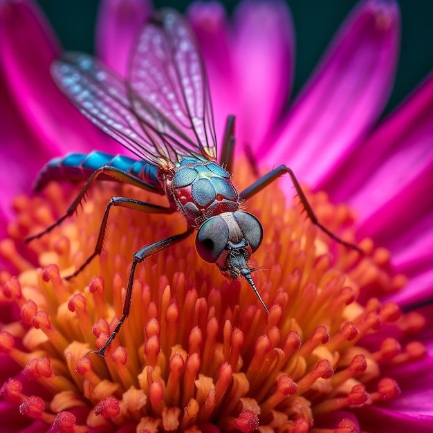 Una mosca blu e gialla si siede su un fiore rosa.