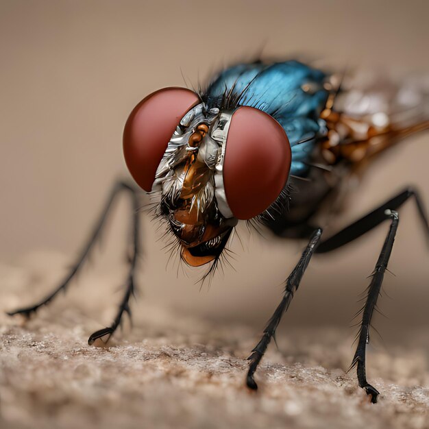 una mosca con un corpo blu e un naso marrone