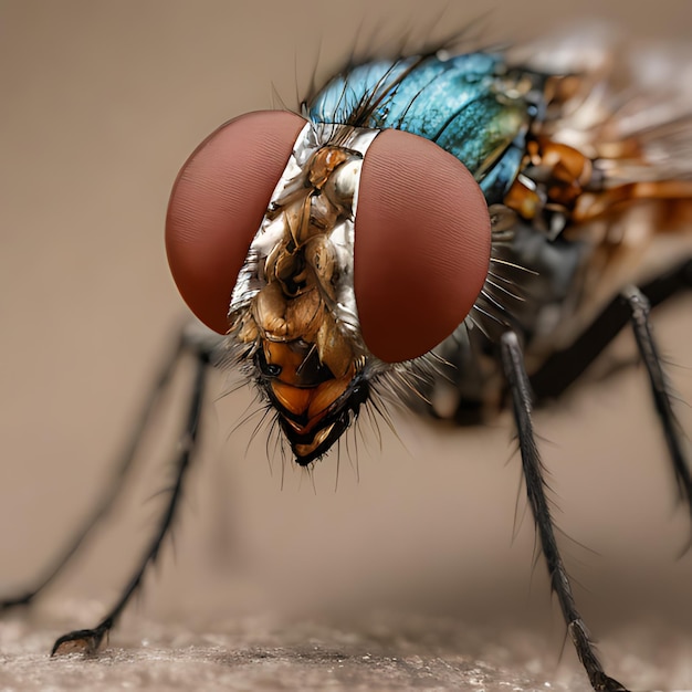 una mosca con un naso blu e un naso rosso