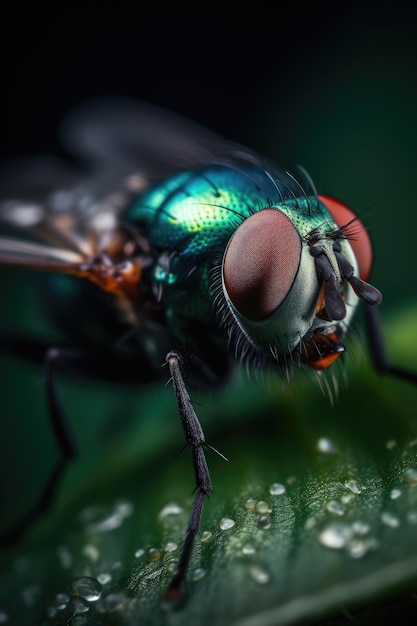 Una mosca verde con un occhio rosso si siede su una foglia verde.