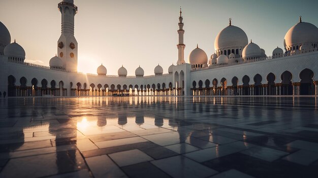 Una moschea ad abu dhabi con un riflesso del cielo