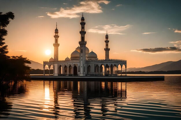 Una moschea al centro di un lago con il sole che tramonta dietro di essa