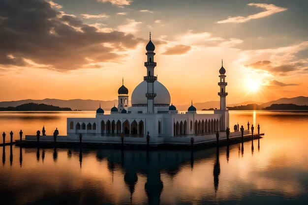 Una moschea al centro di un lago con il sole che tramonta dietro di essa