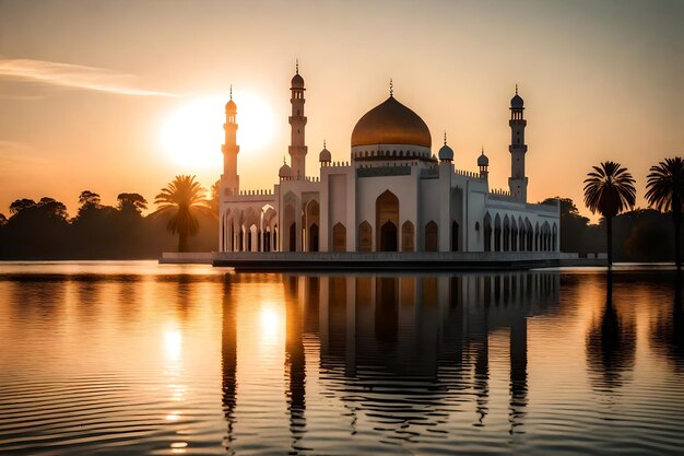 Una moschea al centro di un lago con il sole che tramonta dietro di essa