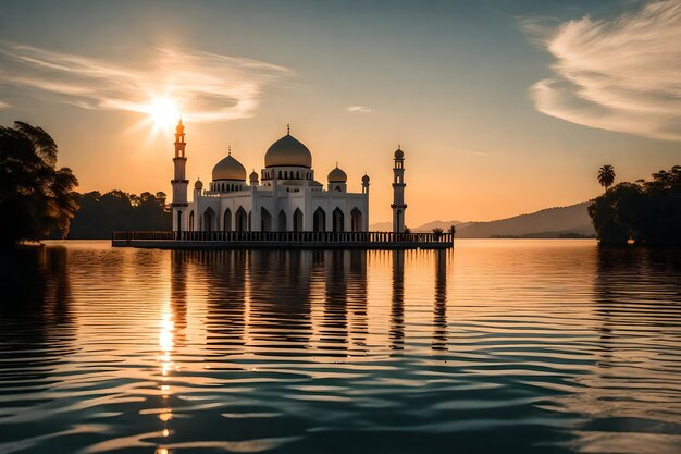 Una moschea al centro di un lago con il sole che tramonta dietro di essa