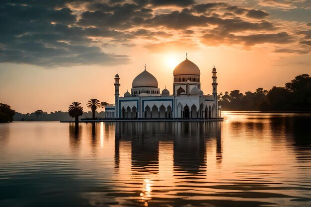 Una moschea al centro di un lago con il sole che tramonta dietro di essa