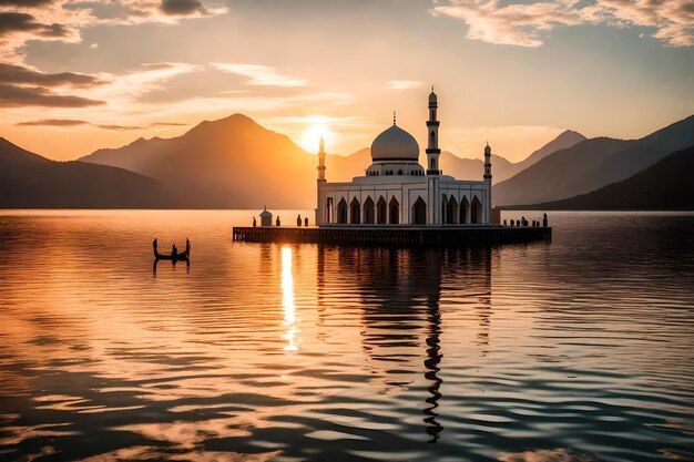 Una moschea al centro di un lago con il sole che tramonta dietro di essa