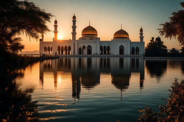 Una moschea al centro di un lago con il sole che tramonta dietro di essa