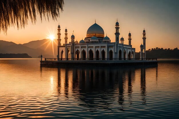 Una moschea al centro di un lago con il sole che tramonta dietro di essa