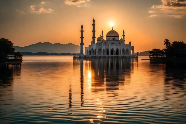 Una moschea al centro di un lago con il sole che tramonta dietro di essa