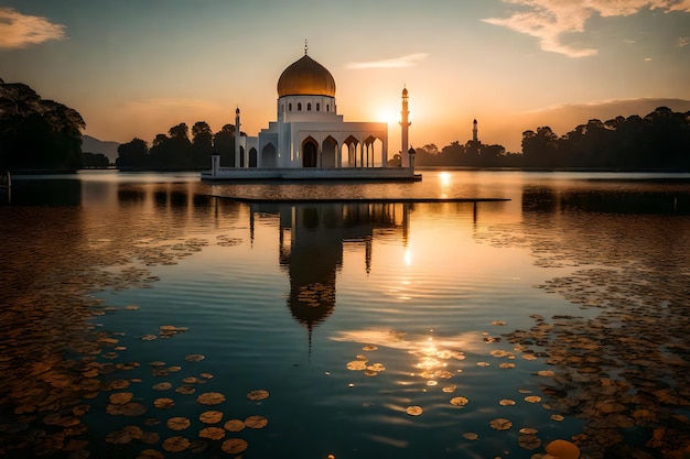 Una moschea al centro di un lago con il sole che tramonta dietro di essa