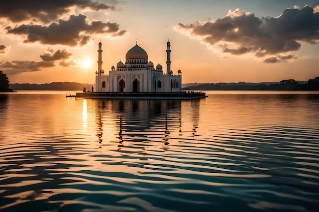 Una moschea al centro di un lago con il sole che tramonta dietro di essa