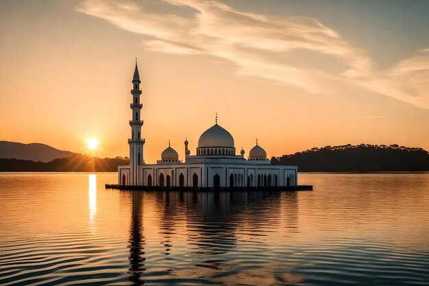 Una moschea al centro di un lago con il sole che tramonta dietro di essa