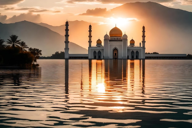 Una moschea al centro di un lago con il sole che tramonta dietro di essa