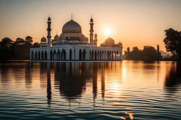 Una moschea al centro di un lago con il sole che tramonta dietro di essa