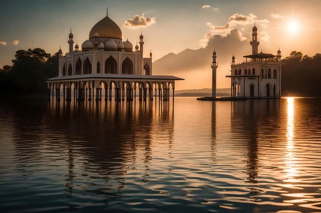 Una moschea al centro di un lago con il sole che tramonta dietro di essa