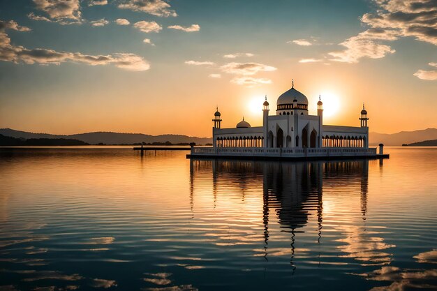 Una moschea al centro di un lago con il sole che tramonta dietro di essa