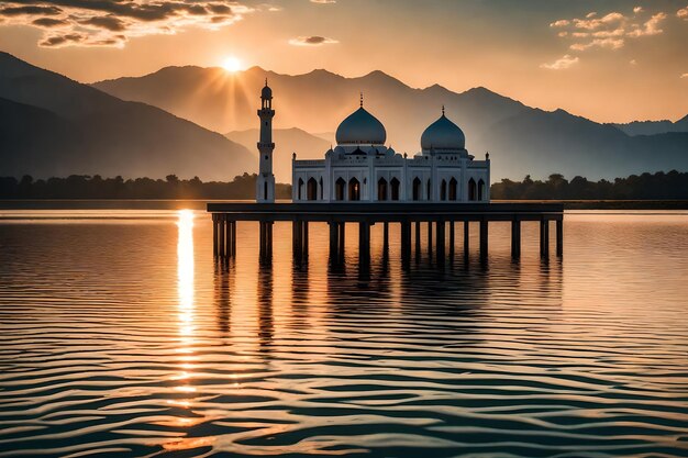 Una moschea al centro di un lago con il sole che tramonta dietro di essa