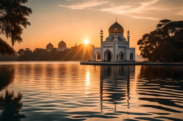 Una moschea al centro di un lago con il sole che tramonta dietro di essa