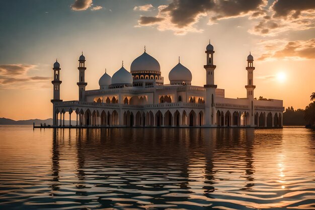 Una moschea al centro di un lago con il sole che tramonta dietro di essa