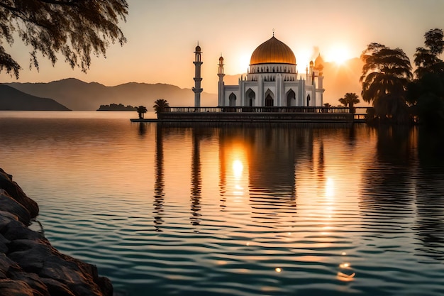 Una moschea al centro di un lago con il sole che tramonta dietro di essa